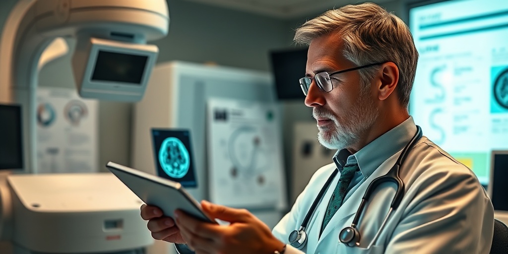 A doctor examines a brain scan on a tablet, embodying professionalism in a modern medical office focused on glioma-Polyposis diagnosis.3.png