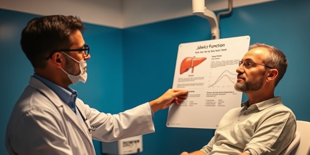A doctor examines a jaundiced patient in a bright room, pointing to a liver function chart with engaging expressions.2.png