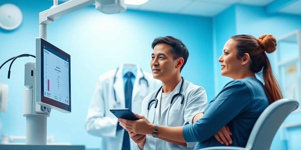 A doctor reviews bilirubin levels on a digital screen with a hopeful patient in a bright, professional medical setting.4.png