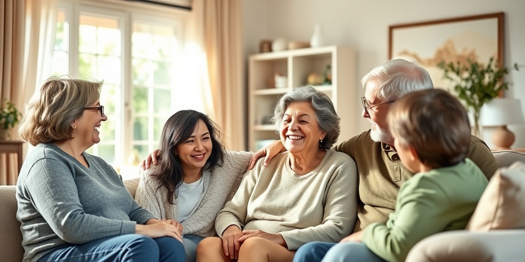 A family gathers in a cozy living room, providing emotional support to a loved one with glioma-Polyposis syndrome, radiating warmth.4.png