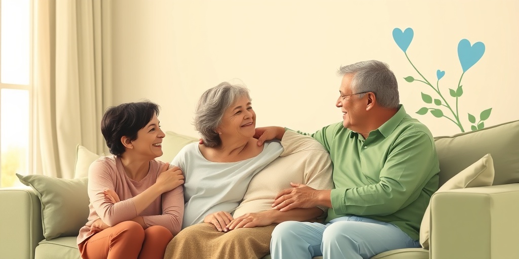 A family supporting a loved one with Indiana Type Amyloidosis, sharing laughter and encouragement in a cozy living room.4.png