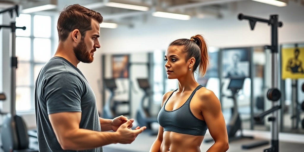 A fitness trainer guides a client through assessments in a bright, modern gym filled with high-tech equipment. 3.png