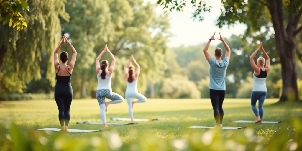 A group engaged in outdoor yoga, surrounded by lush greenery and blue skies, emphasizing stress relief and tranquility.  4.png