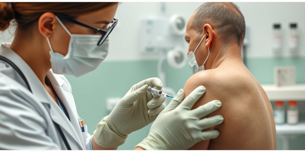A healthcare professional administering a rabies vaccine in a sterile clinical environment, symbolizing hope and healing.  4.png