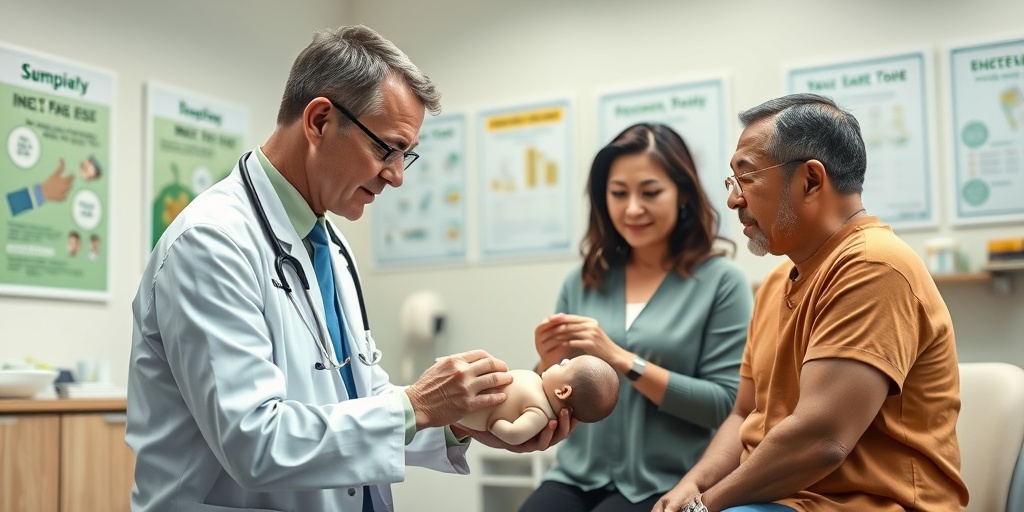 A healthcare professional demonstrates umbilical cord care to attentive new parents in a well-lit clinic setting.  2.png