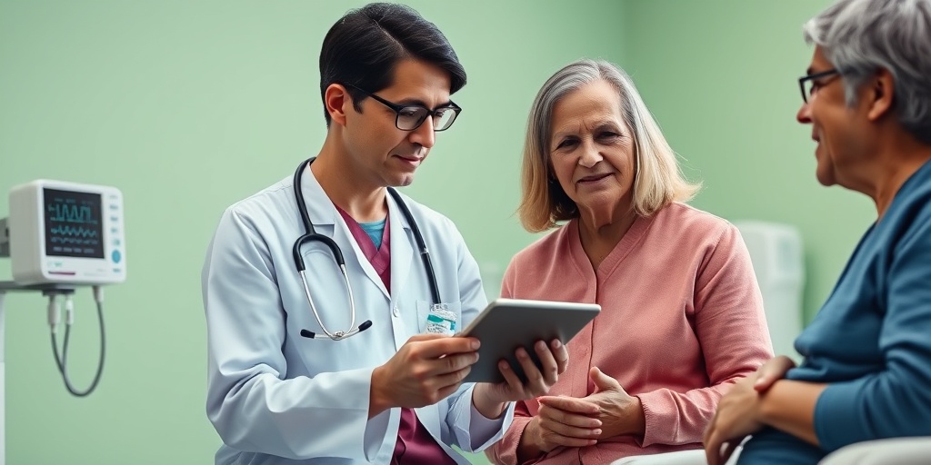 A healthcare professional discusses CHF treatment options with an engaged patient in a clinical setting, surrounded by medical equipment.  4.png