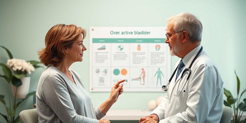 A healthcare professional discusses OAB treatment options with a patient, surrounded by calming green elements in a clinic. 5.png