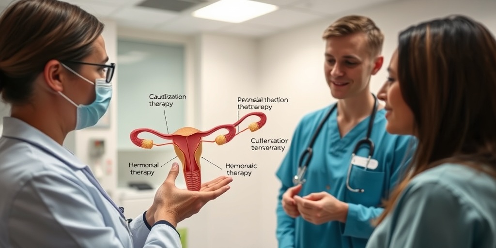 A healthcare professional discusses cervical ectropion treatments with a patient, using a cervix model in a modern clinic setting.4.png