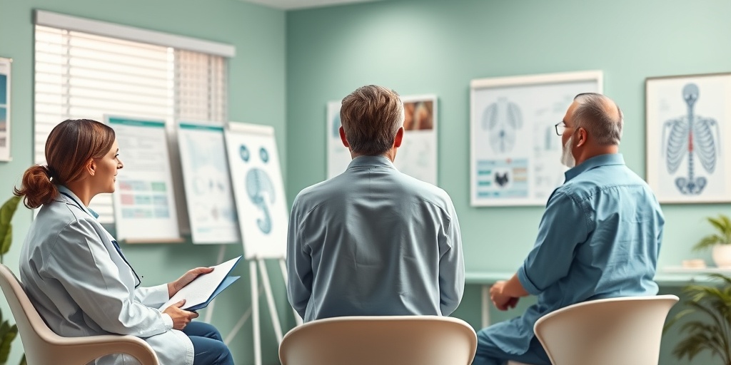 A healthcare professional discusses treatment options for hyperthyroidism in a well-lit consultation room, emphasizing patient care and information.  4.png