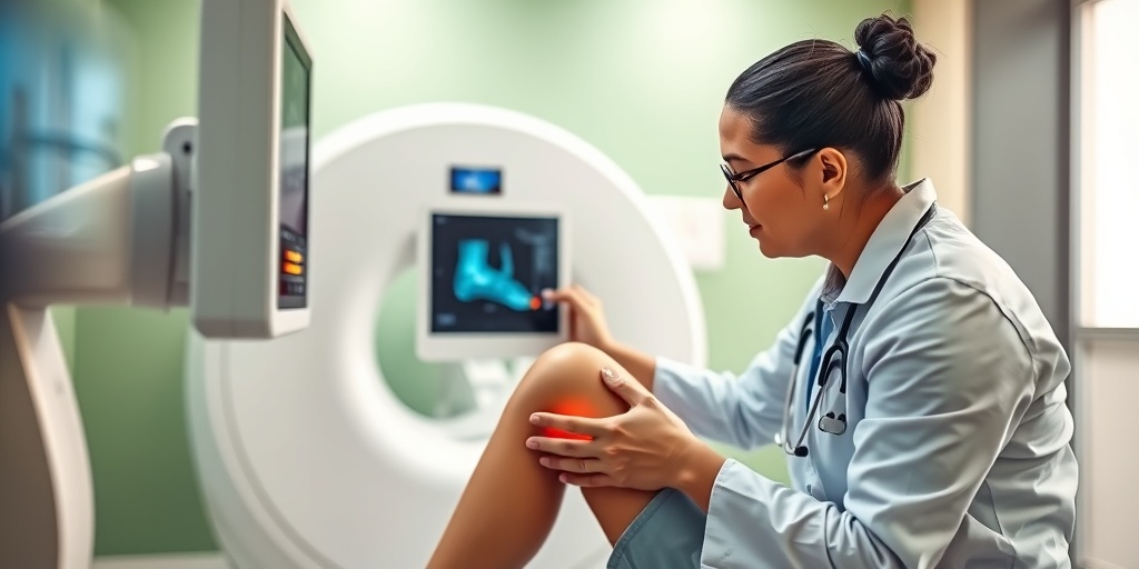 A healthcare professional examines a patient's knee using advanced tools in a modern clinic with soft lighting.  3.png