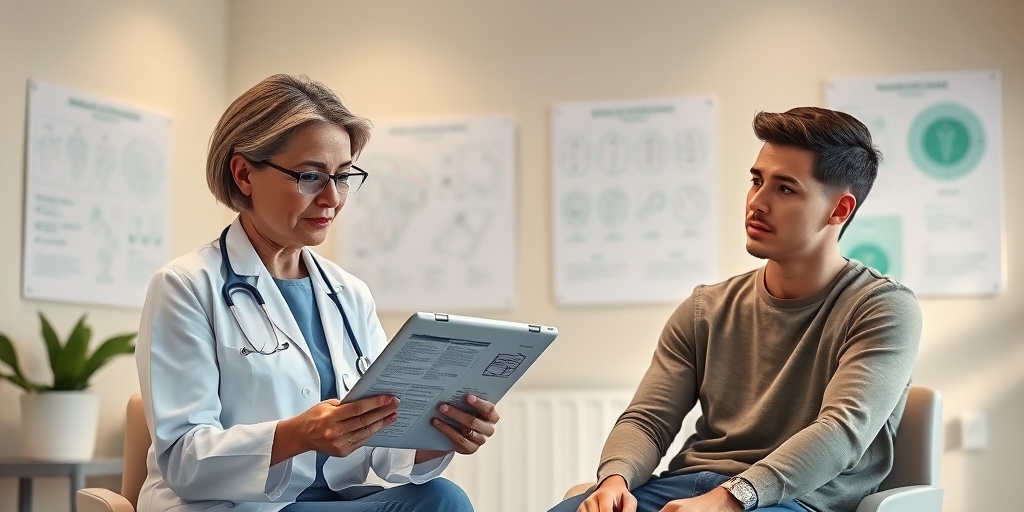 A healthcare professional examines a patient's medical history in a modern clinic, fostering hope during the migraine diagnostic process.  3.png