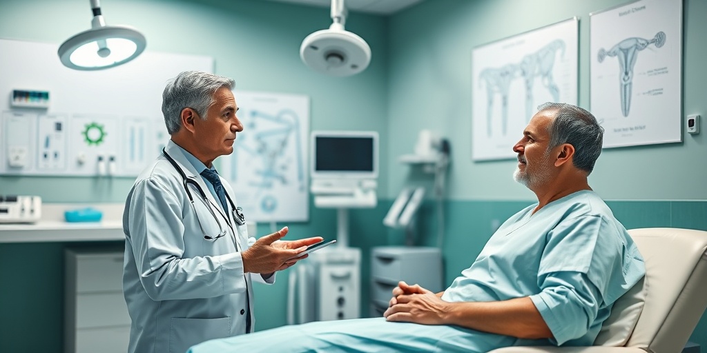 A healthcare professional explains spermatocele treatment options to a patient in a modern clinic setting.  4.png