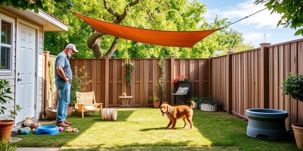A man inspects a safe backyard for his dog, ensuring a fun and secure play area amidst lush greenery.  4.png