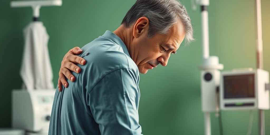 A middle-aged patient in a clinical setting, expressing back pain while holding their lower back, surrounded by medical equipment.  2.png