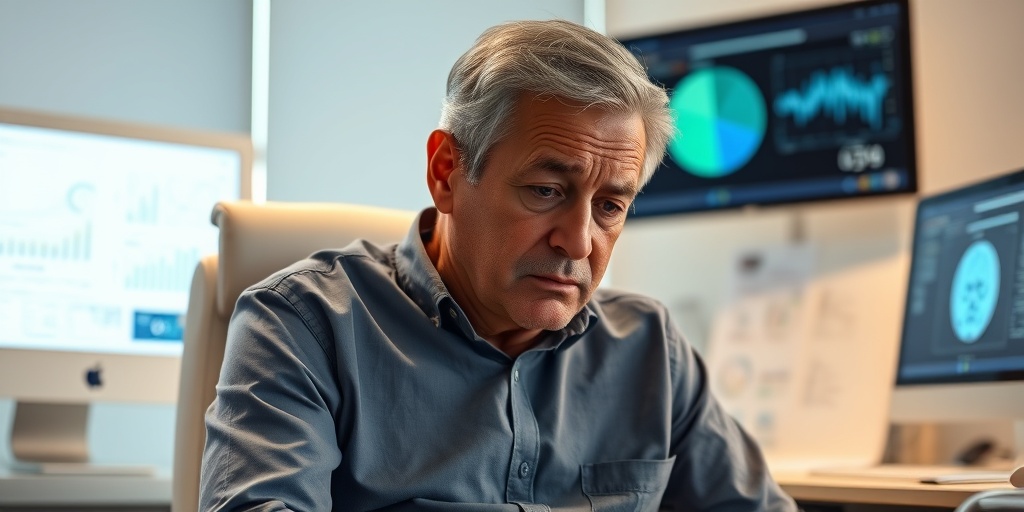 A middle-aged patient reflects on glioma-Polyposis syndrome symptoms in a clinical setting, surrounded by medical charts and data.2.png