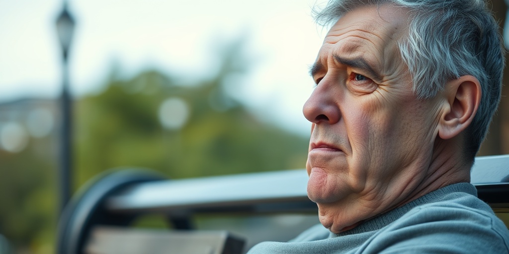 A middle-aged patient reflects on symptoms of Familial Primary Pulmonary Hypertension, surrounded by soft greenery and a gentle blue sky.  2.png