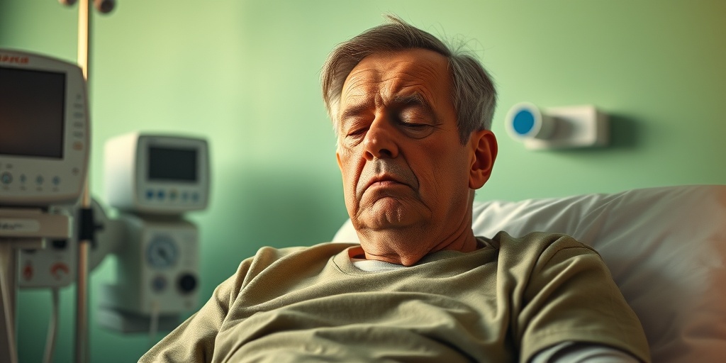 A middle-aged patient shows signs of fatigue in a calming clinical setting, surrounded by soft green tones and medical equipment.  2.png