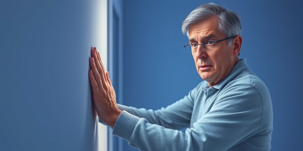 A middle-aged person in a softly lit room, expressing confusion while holding onto a wall for support.  2.png