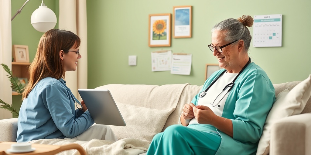 A patient engages in a virtual follow-up consultation at home, emphasizing ongoing care and support from professionals.  5.png