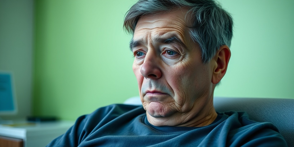 A patient showing fatigue and swelling, seated in a calm room, reflecting determination amidst Indiana Type Amyloidosis challenges.2.png