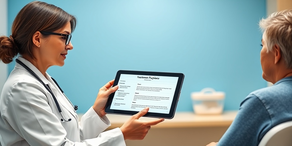A pediatric endocrinologist explains treatment options to a parent, using a digital tablet in a modern clinic setting.4.png