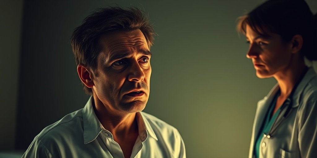 A person showing early rabies symptoms in a dim room, with a concerned medical professional observing closely.  2.png