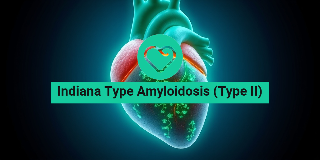 A photorealistic human heart with amyloid deposits, glowing softly in green, illustrating Indiana Type Amyloidosis effects. • Yesil Health AI