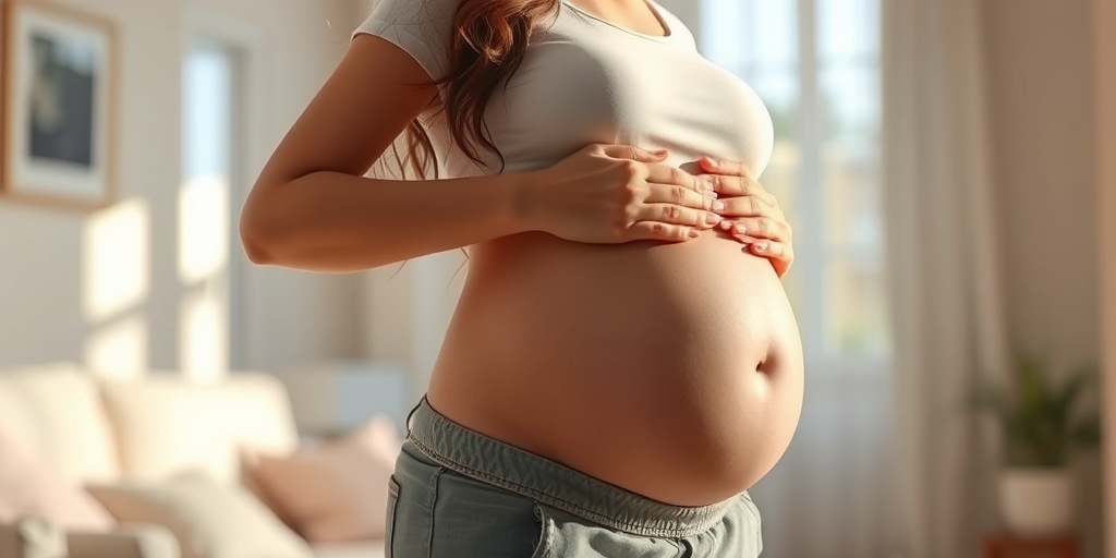 A serene depiction of a pregnant woman in her first trimester, radiating joy in a calming home setting. 2.png