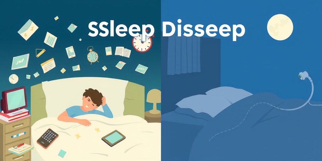 A split image contrasting insomnia with a chaotic environment and peaceful sleep in a dark room, highlighting sleep disorders.2.png