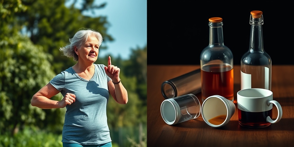A split scene contrasts a healthy woman exercising outdoors with unhealthy lifestyle choices like empty caffeine bottles. 4.png