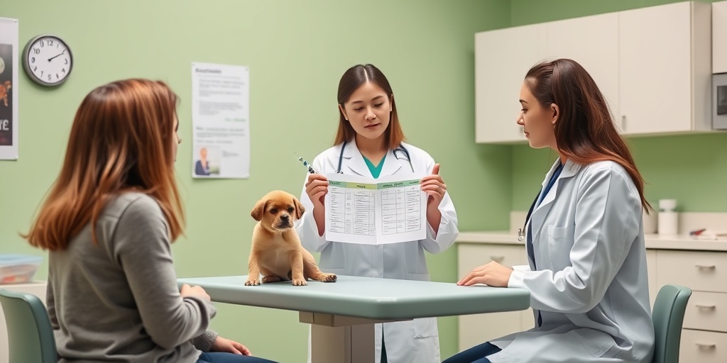 A veterinarian discusses vaccination importance with a pet owner, creating a reassuring environment in a bright clinic.  3.png