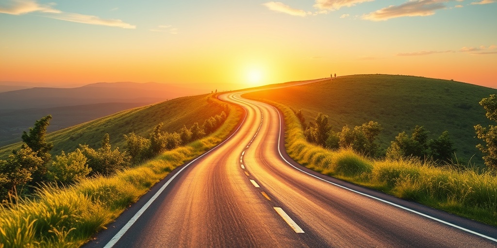 A winding road symbolizing spinal chordoma prognosis, flanked by greenery, leading towards a bright horizon of hope and recovery.  5.png