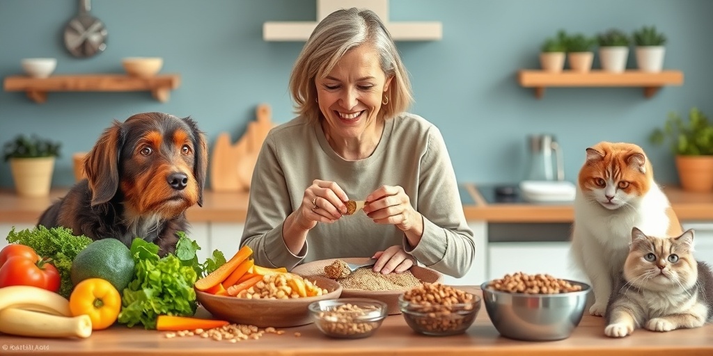 A woman prepares healthy meals for her dog and cat, surrounded by fresh ingredients and a cheerful kitchen atmosphere.  2.png