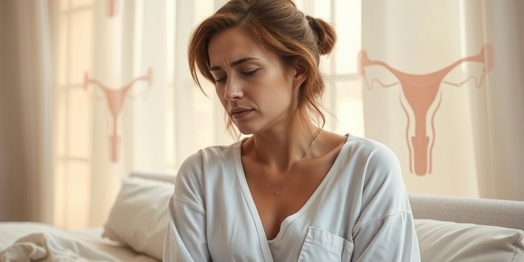 A woman reflects on cervical ectropion symptoms in a softly lit room, surrounded by calming creamy whites and hints of blue.2.png