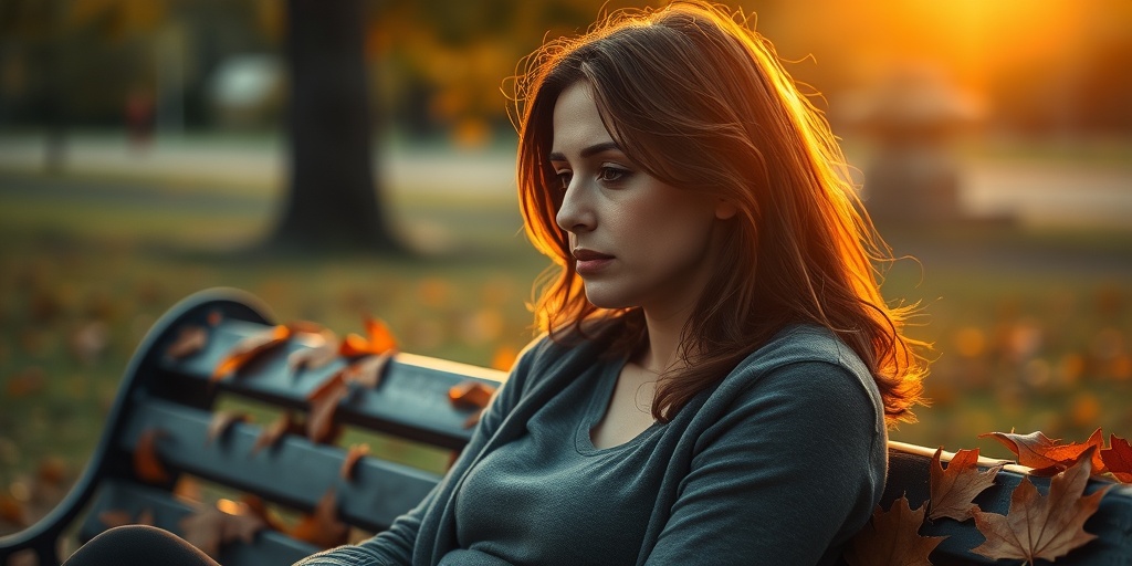 A woman reflects on her loss while sitting on a park bench, surrounded by autumn leaves and warm, golden sunlight.  4.png