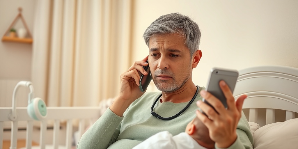 A worried parent seeks advice over the phone about umbilical cord issues in a cozy nursery filled with calming decor.  4.png