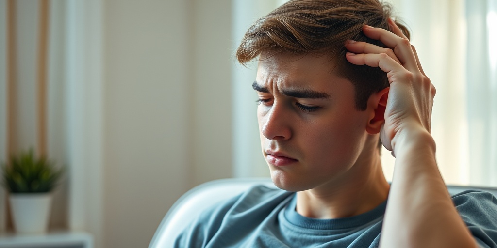 A young adult seated in a softly lit room, visibly distressed by headaches, surrounded by soothing creamy whites and greens.  2.png