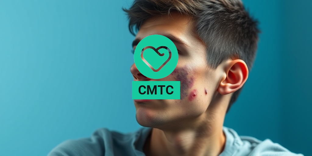 A young adult with CMTC sits thoughtfully in a clinical setting, showcasing skin lesions under soft lighting. • Yesil Health AI
