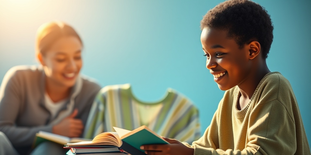 A young person smiling while engaging in daily activities, set in a peaceful blue background, symbolizing resilience.  5.png