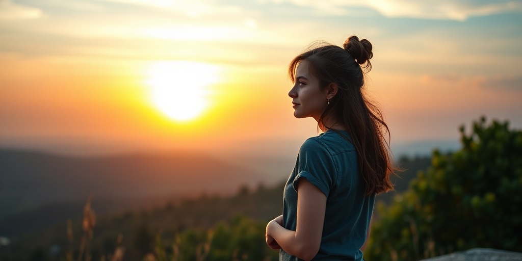 A young woman gazes at a sunrise from a scenic overlook, embodying hope and determination in managing her migraines.  5.png