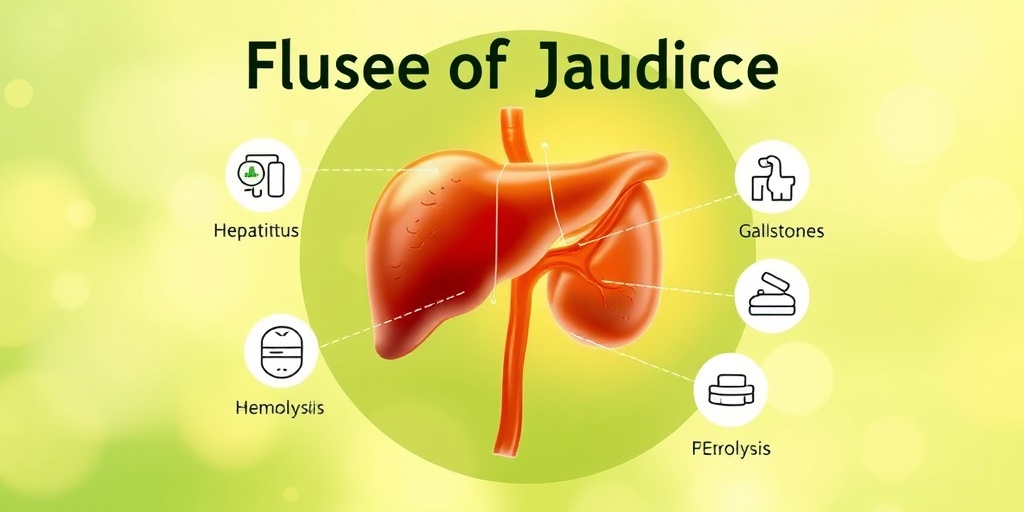 An anatomical illustration of the liver surrounded by icons of jaundice causes, set against a health-inspired green and white backdrop.3.png
