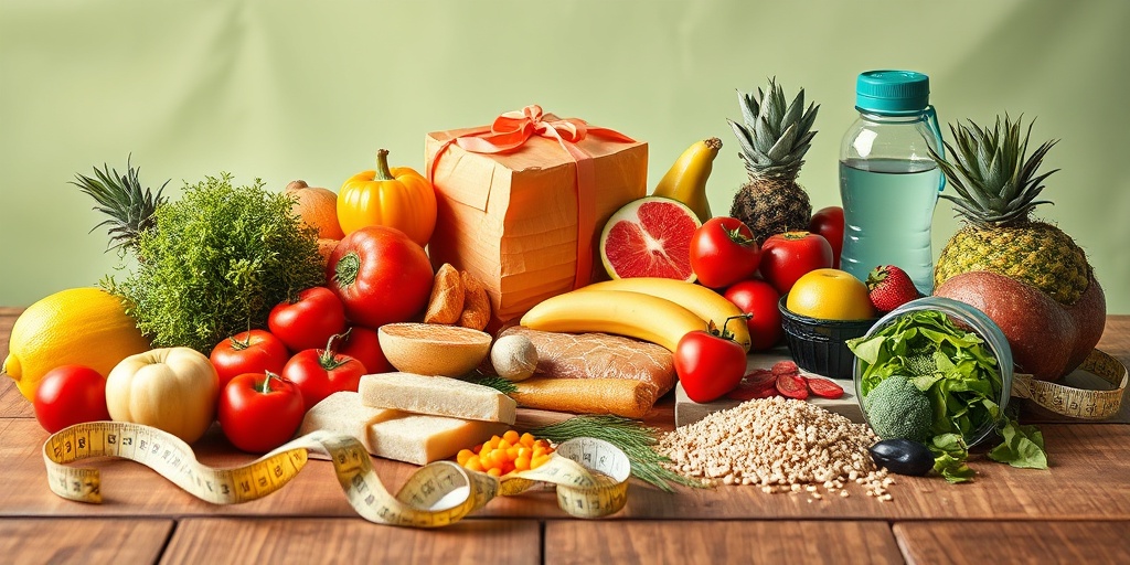 An artistic arrangement of nutritious foods on a wooden table, promoting the connection between nutrition and fitness. 4.png