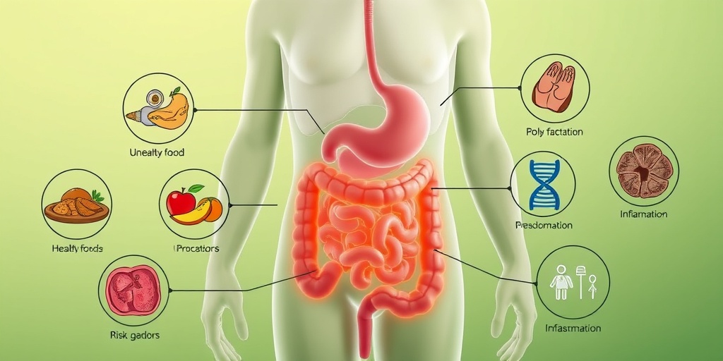 An educational diagram of the digestive system, illustrating polyp development causes with visual risk factors surrounding it.  3.png