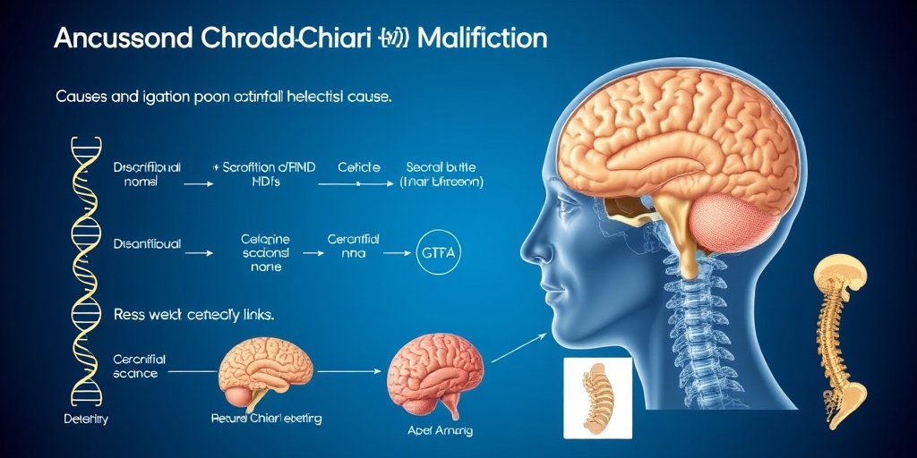 An educational diagram showcasing genetic and anatomical factors of Arnold-Chiari Malformation, presented on a subtle blue background.  3.png