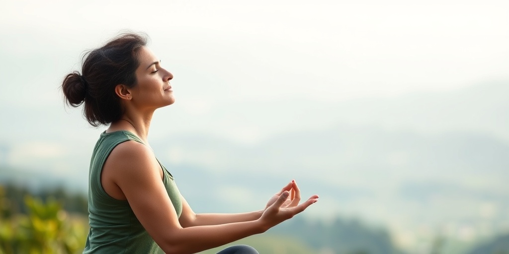 An individual practicing yoga outdoors, with a serene landscape backdrop, reflecting mindfulness and emotional stability.  3.png
