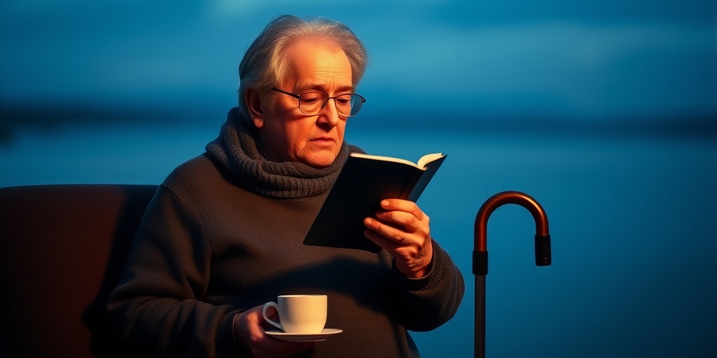 An individual using assistive devices while reading, embodying resilience in a tranquil blue setting.  5.png