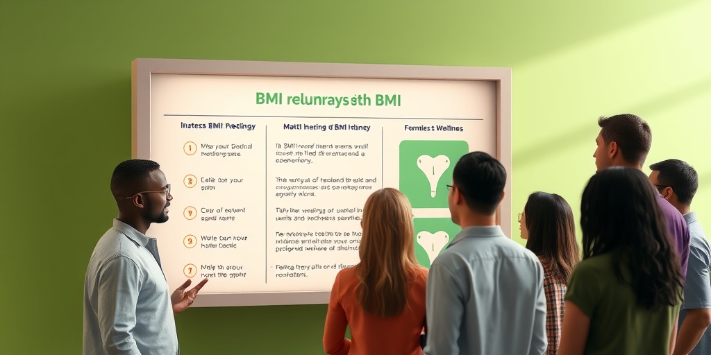 An interactive display board summarizing BMI insights, surrounded by engaged individuals in a harmonious green and white environment, promoting dialogue.  5.png