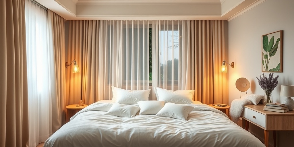 An inviting bedroom featuring blackout curtains, calming decor, and a reading nook, emphasizing a sleep-friendly environment.3.png