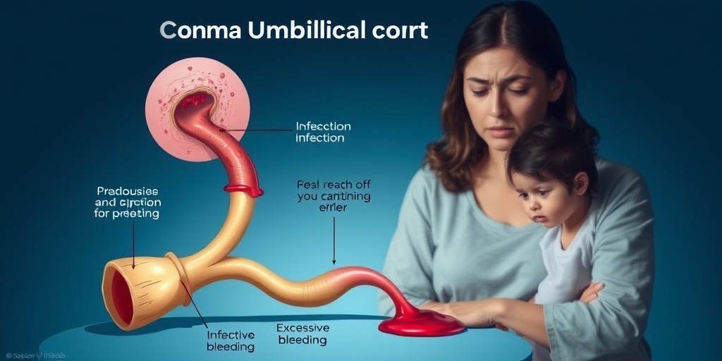 An umbilical cord stump displays signs of infection, with a concerned parent observing in a dramatic, soft blue background.  3.png