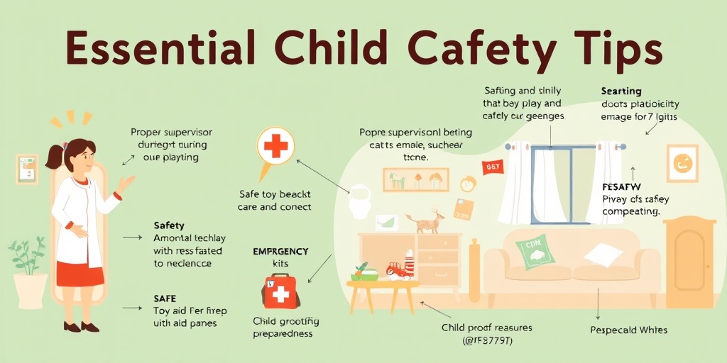 Caregiver demonstrating essential safety practices, surrounded by safety signs and child-proofing measures in a calming setting. 5.png